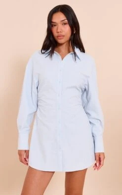Prettylittlething Blue Pinstripe Seersucker Cinched Waist Shirt Dress