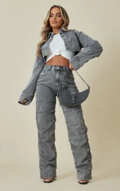 Prettylittlething Washed Grey Ruched Straight Leg Denim Jeans