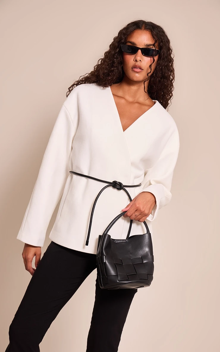 Prettylittlething Ecru Collarless Wrap Style Tie Waist Wool Look Coat