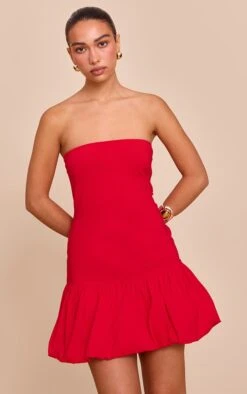 Prettylittlething Red Stretch Woven Bandeau Puffball Dress