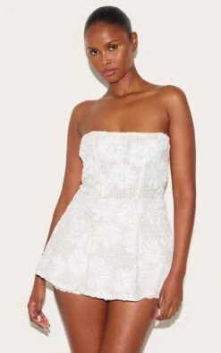 Prettylittlething White Embellished Tweed Bandeau Skort Romper