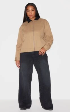 Prettylittlething Plus Beige Contrast Collar Pocket Detail Trucker Jacket