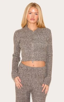 Prettylittlething Chocolate Marl Knitted Dipped Hem Cropped Zip Up Top