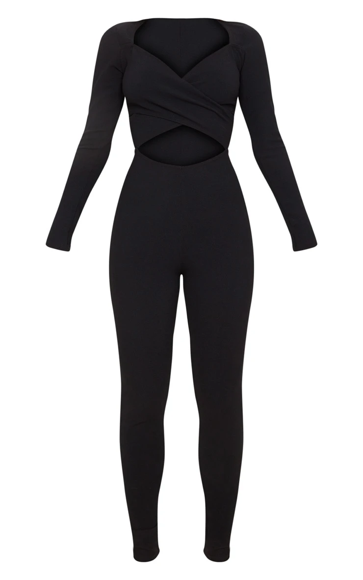 Prettylittlething Black Rib Cross Over Long Sleeved Jumpsuit 3 Prettylittlething Black Rib Cross Over Long Sleeved Jumpsuit - Image 3