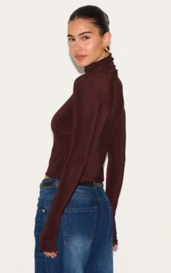 Prettylittlething Chocolate Slinky High Neck Thumb Detail Long Sleeve Top -Pretty Little Thing Shop e99d27d9a8b9d3b0b6d8fe74c1b8f9c5de7f9630 CNM1402 2 chocolate slinky high neck thumb detail long sleeve top