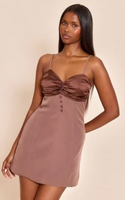 Chocolate Satin Bust Detail Mini Shift Dress