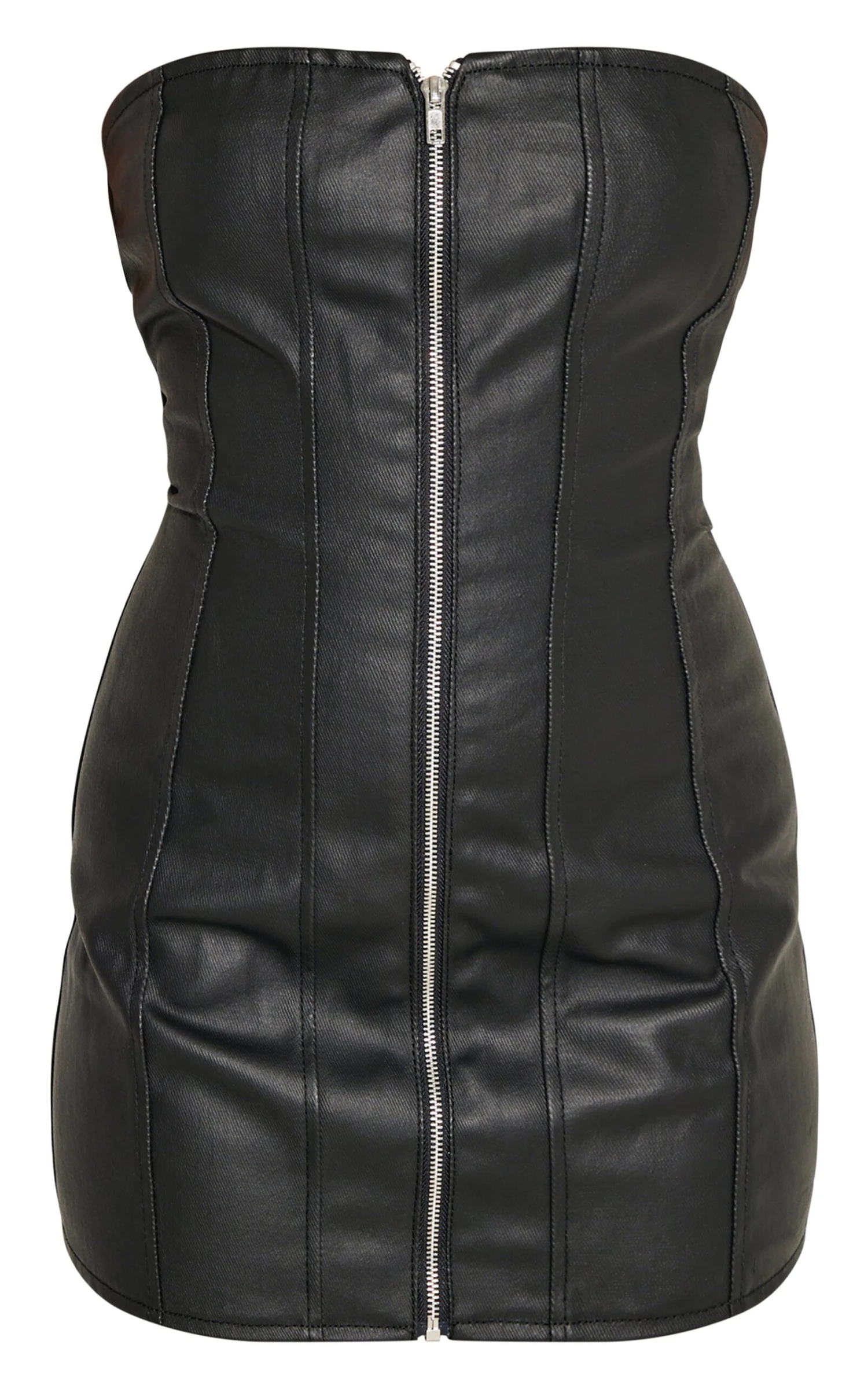 Prettylittlething Black Coated Denim Exposed Seam Zip Up Bandeau Dress 5 Prettylittlething Black Coated Denim Exposed Seam Zip Up Bandeau Dress - Image 5