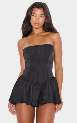 Prettylittlething Black Satin Corset Detail Bandeau Romper