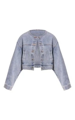 Prettylittlething Mid Blue Wash Collarless Cropped Denim Jacket -Pretty Little Thing Shop ea4d3a83730b74322715434319fd39decb94513a CNN2821 5 mid blue wash collarless cropped denim jacket