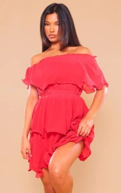 Prettylittlething Red Chiffon Bardot Ruffle Tiered Dress