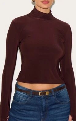Prettylittlething Chocolate Slinky High Neck Thumb Detail Long Sleeve Top -Pretty Little Thing Shop eaa3d23f2b48e6ac73f18de1ff3cd1d3b181fba6 CNM1402 4 chocolate slinky high neck thumb detail long sleeve top