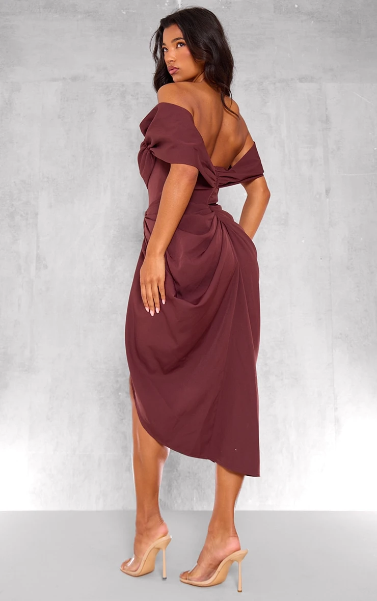 Prettylittlething Chocolate Corset Bardot Draped Midi Dress - Image 2