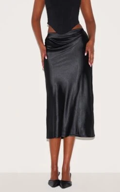 Prettylittlething Black Satin Bias Cut Midi Skirt