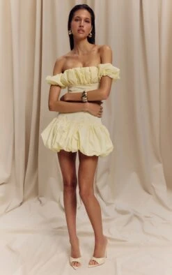 Prettylittlething Lemon Ruched Bardot Puff Hem Bodycon Dress -Pretty Little Thing Shop eae55926b090767be855b31eaaa9838ee2a757a7 CNL8411 3 lemon ruched bardot puff hem bodycon dress