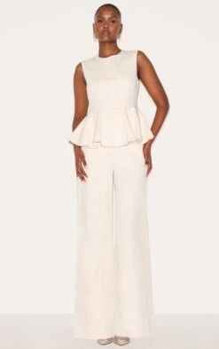 Prettylittlething Ecru Cotton Peplum Detail Wide Leg Jumpsuit