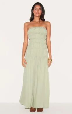 Prettylittlething Sage Bandeau Ruched Detail Maxi Dress