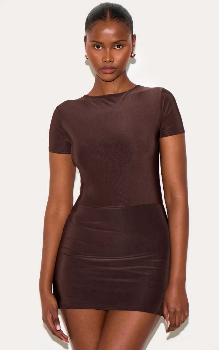 Prettylittlething Chocolate Double Layer Cap Sleeve Slinky Skort Romper