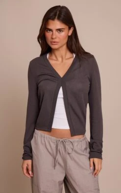 Prettylittlething Charcoal Rib V Neck Long Sleeve Top