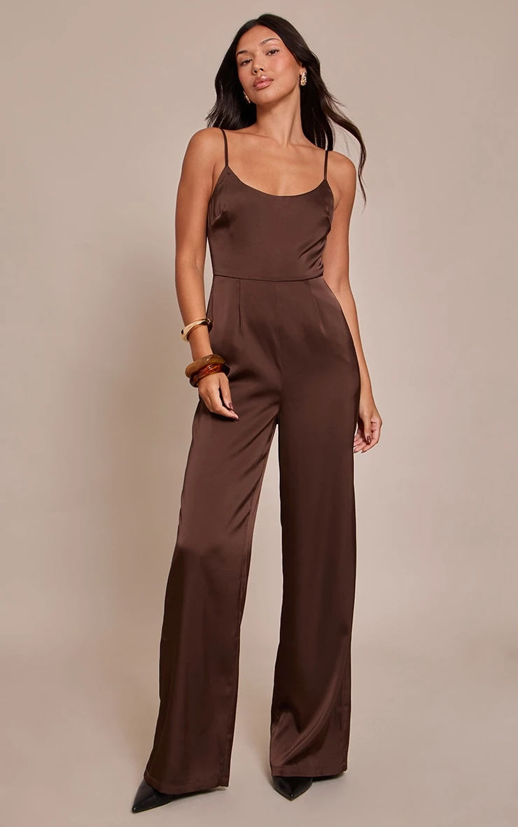 Prettylittlething Chocolate Satin Scoop Neck Straight Leg Jumpsuit 3 Prettylittlething Chocolate Satin Scoop Neck Straight Leg Jumpsuit - Image 3