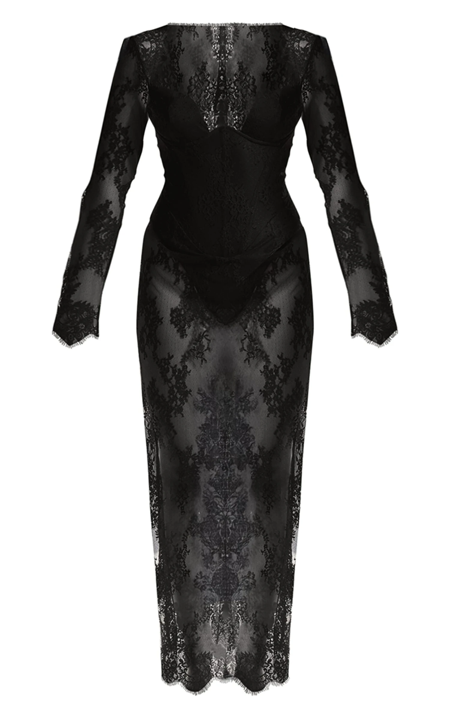 Prettylittlething PLT Label Black Lace Corset Long Sleeve Midaxi Dress - Image 7