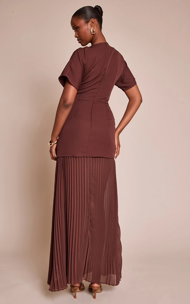 Prettylittlething Chocolate Satin Back Tie Pleated Hem Maxi Dress - Image 2
