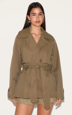 Prettylittlething Taupe Cropped Storm Flap Detail Trench