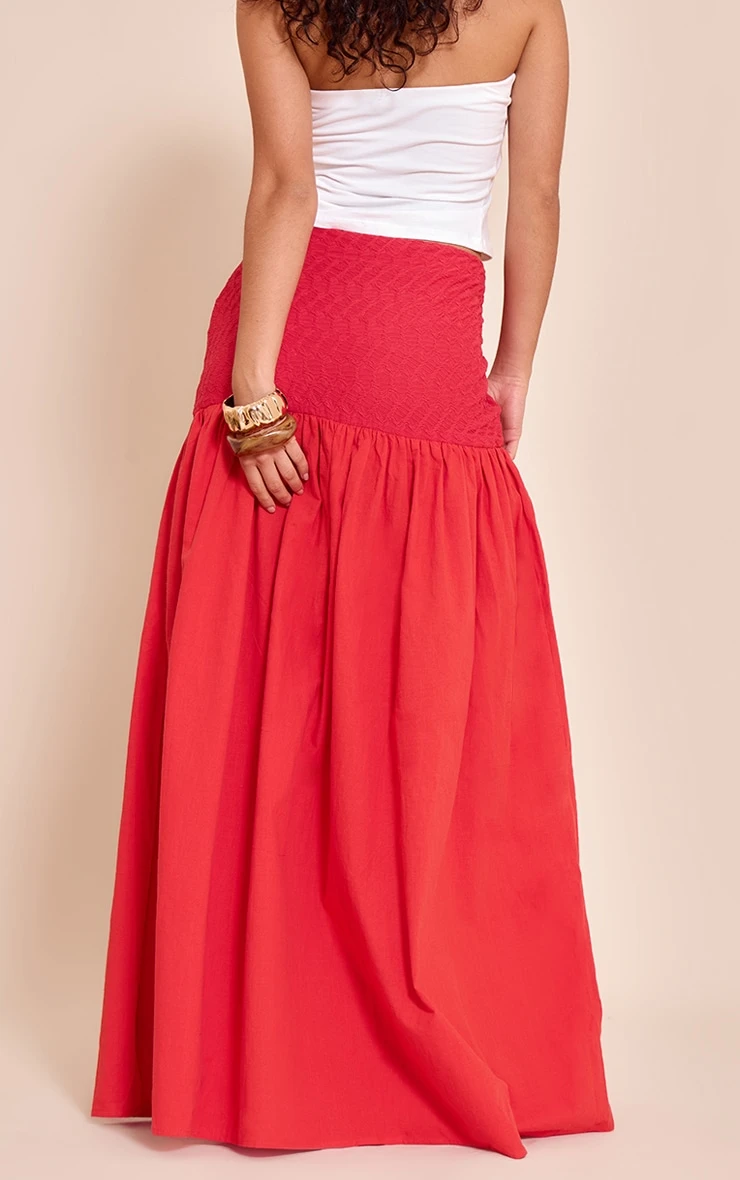 Prettylittlething Red Textured Drop Waist Lightweight Woven Maxi Skirt - Image 3