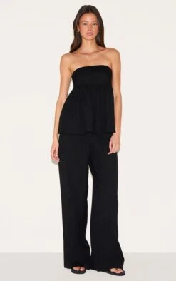 Prettylittlething Black Bandeau Peplum Detail Jumpsuit