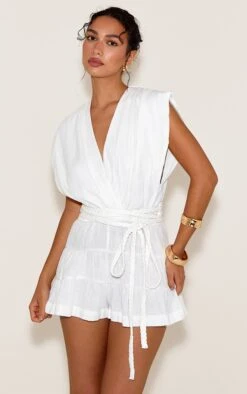 Prettylittlething White Textured V Neck Tie Waist Romper