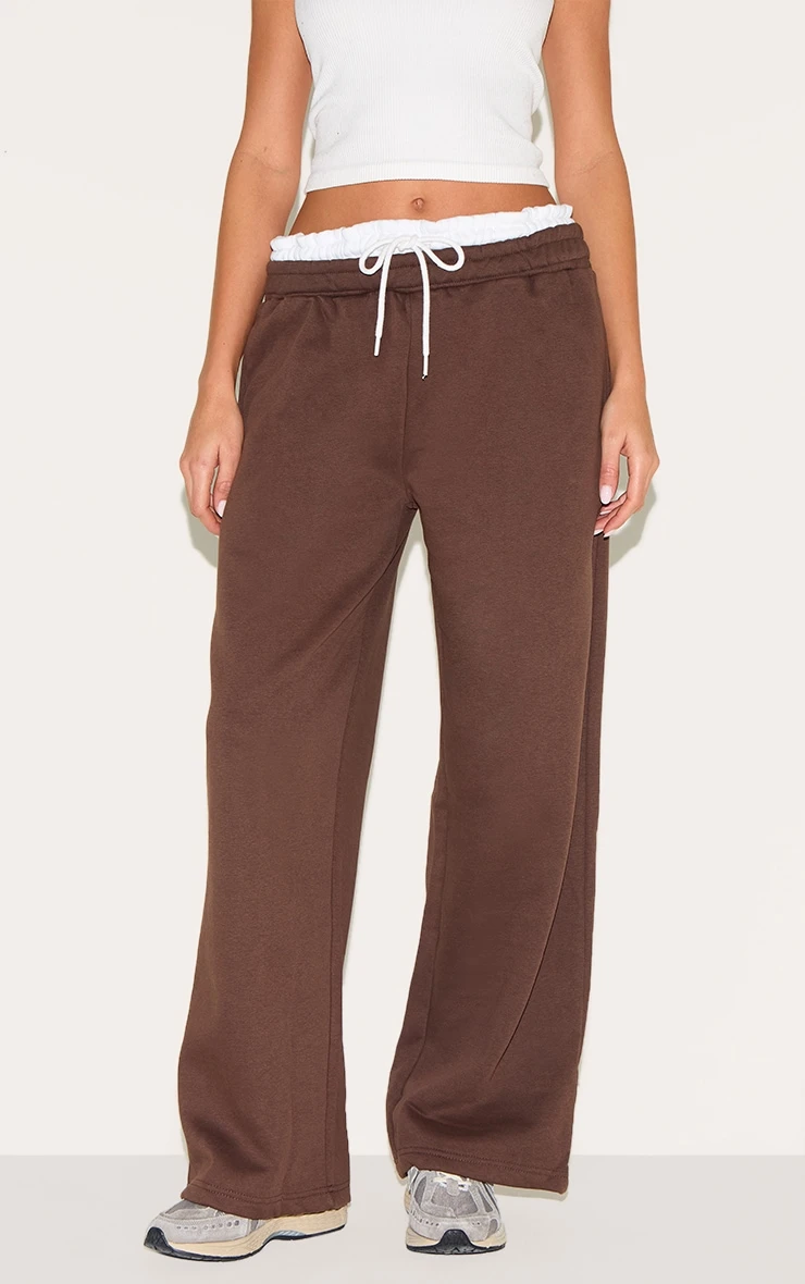 Prettylittlething Chocolate Boxer Waistband Wide Leg Sweat Sweatpants - Image 2
