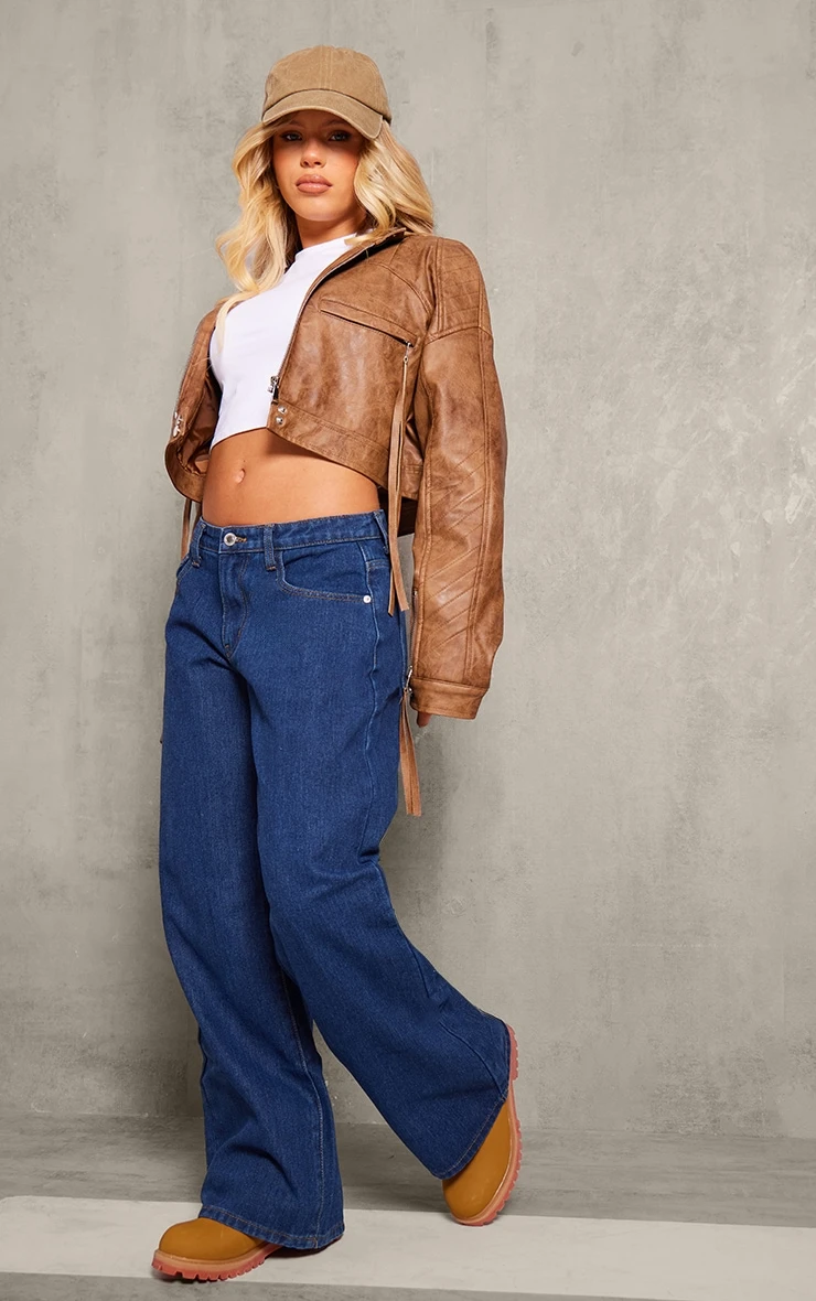 Brown Faux Leather Distressed Cropped Biker Jacket 3 Brown Faux Leather Distressed Cropped Biker Jacket - Image 3