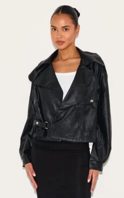 Prettylittlething Black Textured Look Faux Leather Biker Jacket