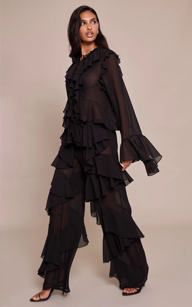 Black Chiffon Frill Straight Leg Pants 2 Black Chiffon Frill Straight Leg Pants - Image 2