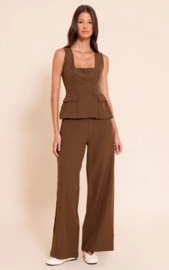 Chocolate Woven Button Detail Wide Leg Jumpsuit