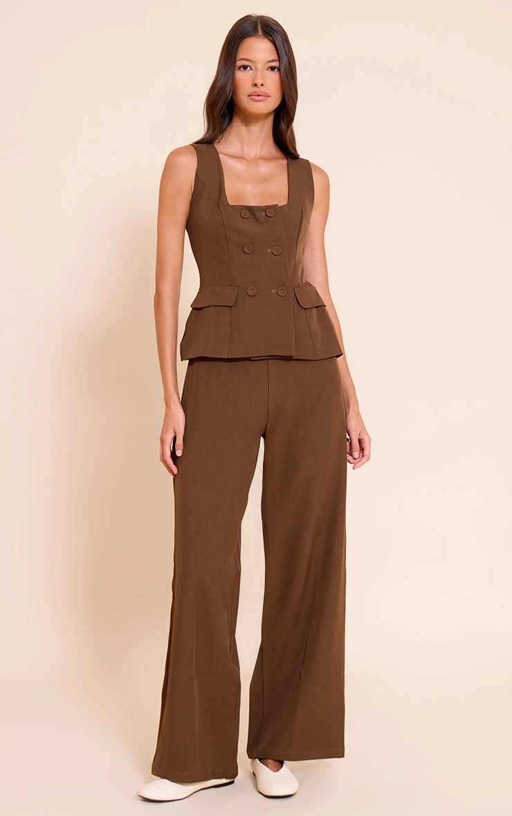 Chocolate Woven Button Detail Wide Leg Jumpsuit 1 Chocolate Woven Button Detail Wide Leg Jumpsuit