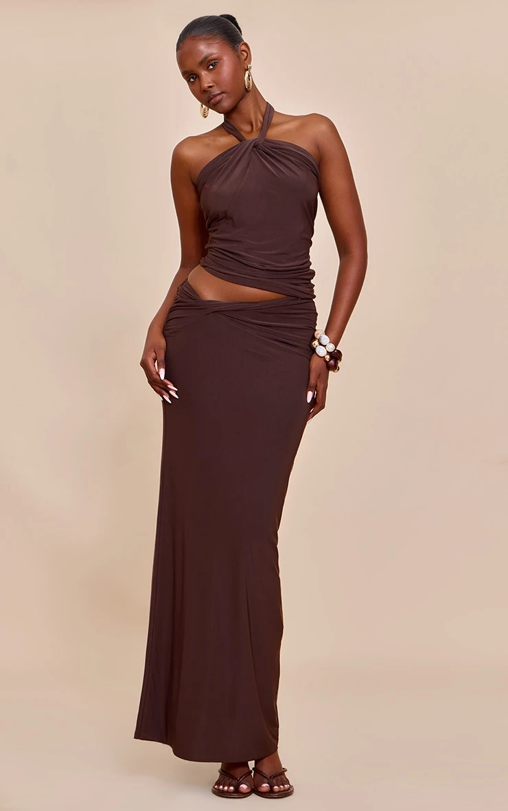 Prettylittlething Dark Brown Double Slinky Twist Maxi Skirt 1 Prettylittlething Dark Brown Double Slinky Twist Maxi Skirt