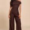 Prettylittlething Chocolate Woven Ruched One Sleeve Jumpsuit -Pretty Little Thing Shop ef1c615df7f42449a14abe23fc9985779bf8a731 CNM0442 1 chocolate woven ruched one sleeve jumpsuit