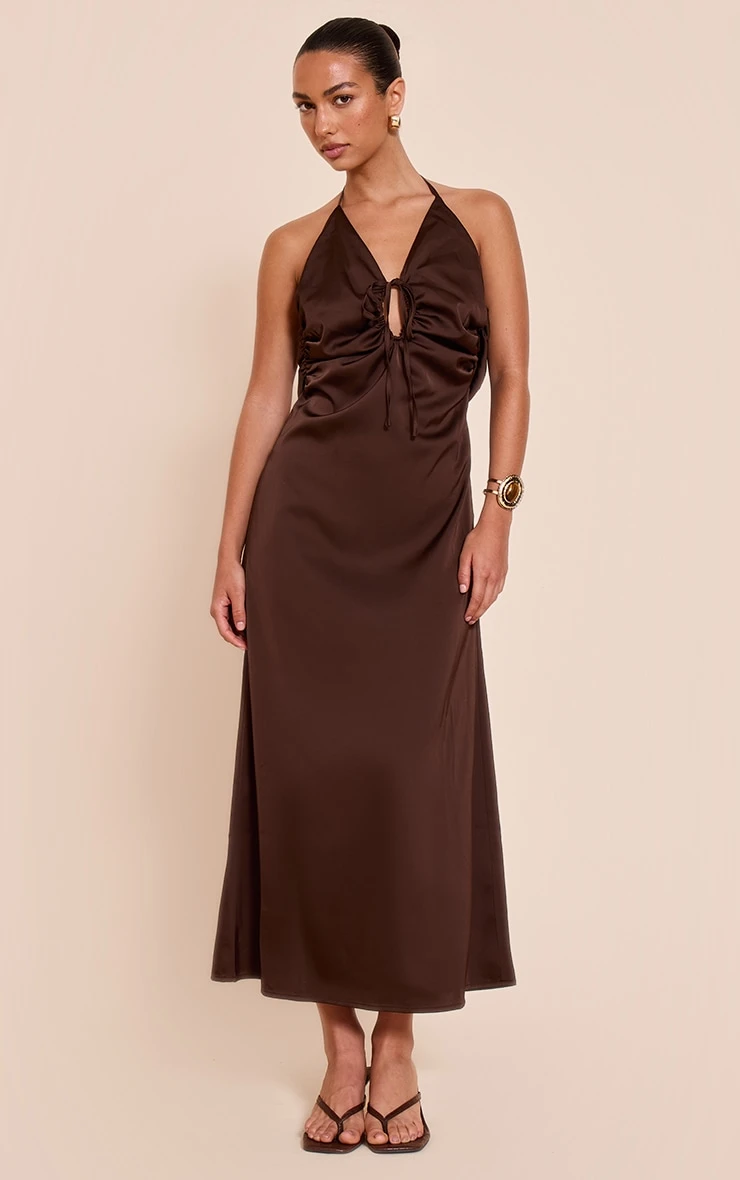 Prettylittlething Chocolate Satin Tie Front Maxi Dress 1 Prettylittlething Chocolate Satin Tie Front Maxi Dress