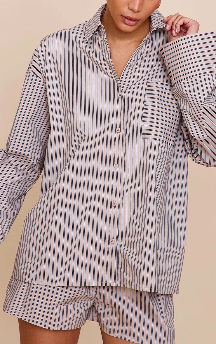 Prettylittlething Stone Woven Pinstripe Balloon Sleeve Oversized Shirt - Image 4