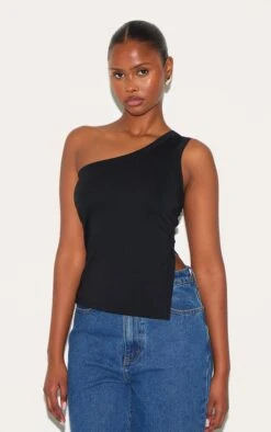 Prettylittlething Black One Shoulder Long Vest Top