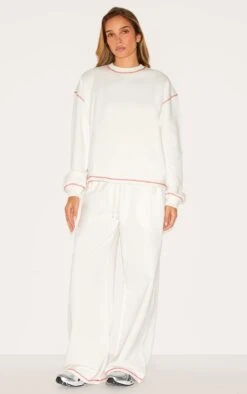 Prettylittlething Cream Contrast Stitch Loopback Wide Leg Sweatpants