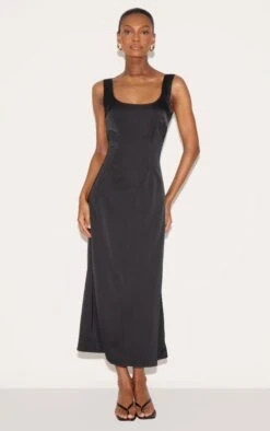 Prettylittlething Black Satin Drop Waist Midi Dress