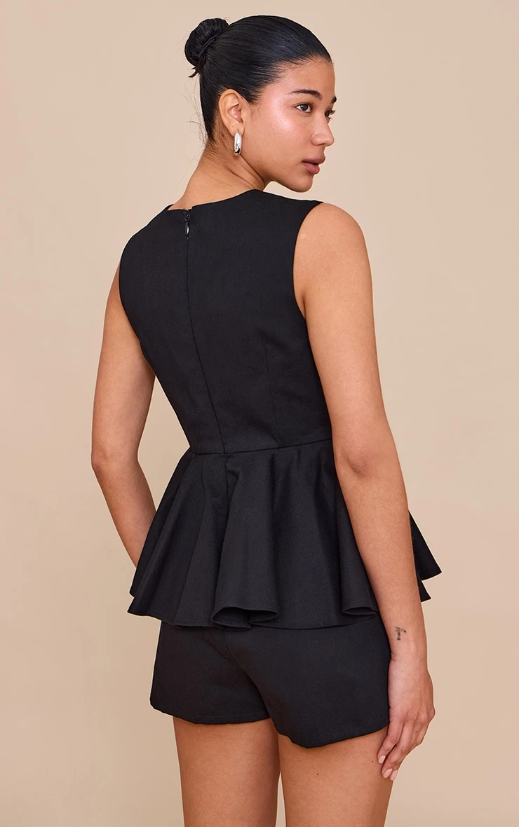 Prettylittlething Black Cotton Peplum Skort Romper 2 Prettylittlething Black Cotton Peplum Skort Romper - Image 2