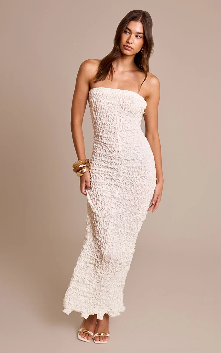 Prettylittlething Cream Crinkle Textured Jersey Bandeau Maxi Dress 1 Prettylittlething Cream Crinkle Textured Jersey Bandeau Maxi Dress