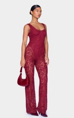 Prettylittlething Burgundy Lace Boning Detail Strappy Flared Jumpsuit -Pretty Little Thing Shop f067fe409d3877ce8acad6b3bb3cb9eccc2f4e3c cnk9395 3