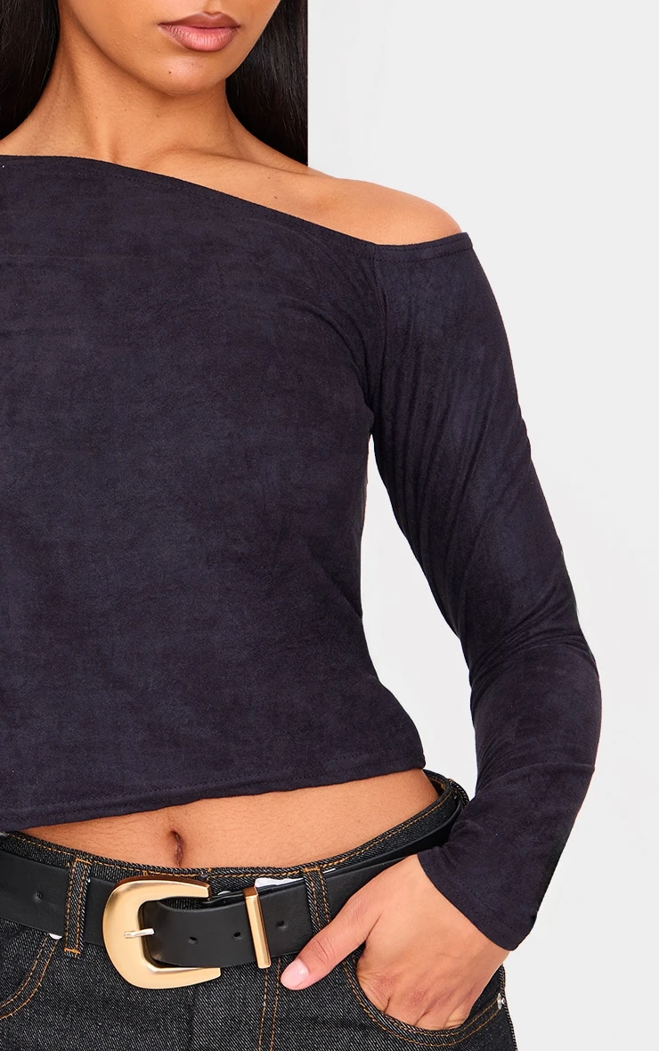 Prettylittlething Black Faux Suede Asymmetric Neck Long Sleeve Top 4 Prettylittlething Black Faux Suede Asymmetric Neck Long Sleeve Top - Image 4