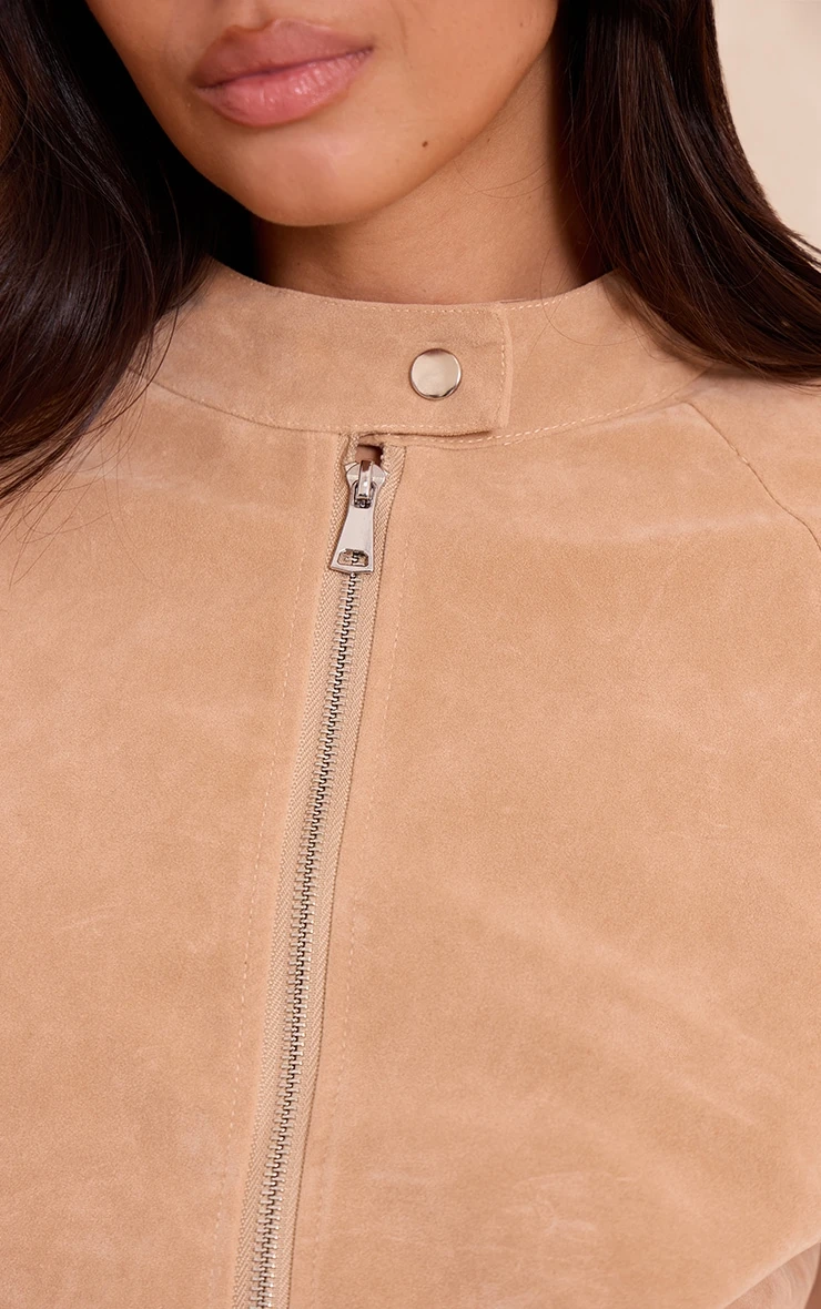 Prettylittlething Sand Faux Suede Racer Neck Jacket 4 Prettylittlething Sand Faux Suede Racer Neck Jacket - Image 4