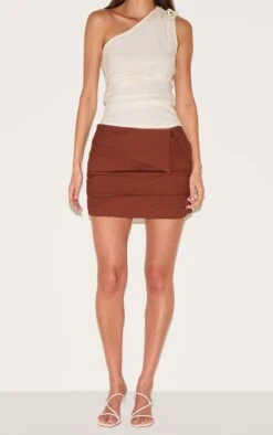 Prettylittlething Chocolate Linen Blend Foldover Ruched Mini Skirt