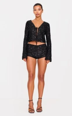 Prettylittlething Black Textured Sequin Hot Pants