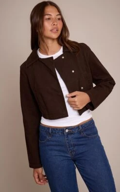 Prettylittlething Chocolate Cropped Denim Jacket
